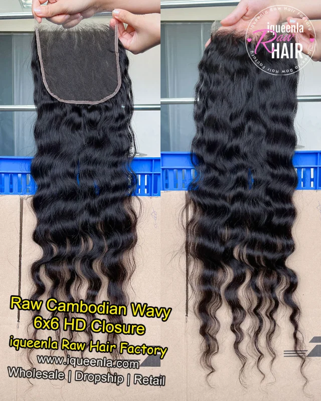 iqueenla Raw Hair Cambodian Wavy 4x4/5x5/6x6/13x4/13x6 Transparent and HD Lace Closure/Frontal