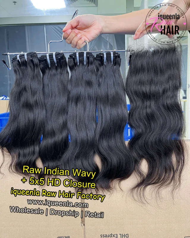 iqueenla Indian Wavy 3 Bundles with 5x5 HD And Transparent Lace Closure