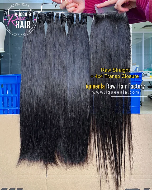 iqueenla Raw Straight Hair 3 Bundles with 4x4 HD & Transparent Lace Closure