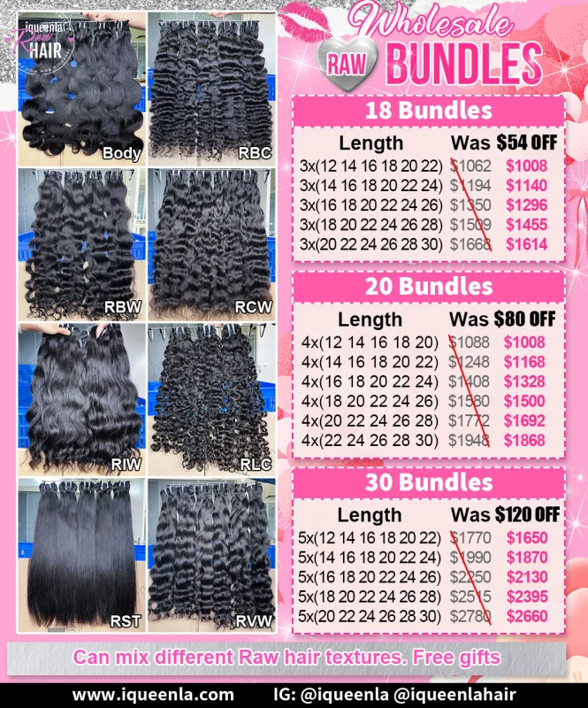 Iqueenla Affordable 100% Raw Hair 18-30 Bundles Deal with Free Gifts