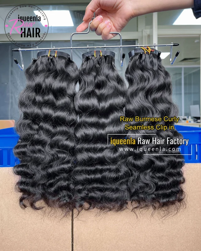 iqueenla Raw Burmese Curly Seamless Clip-In Hair Extensions 1/3/4 Packs 6/18/24Pcs Deal