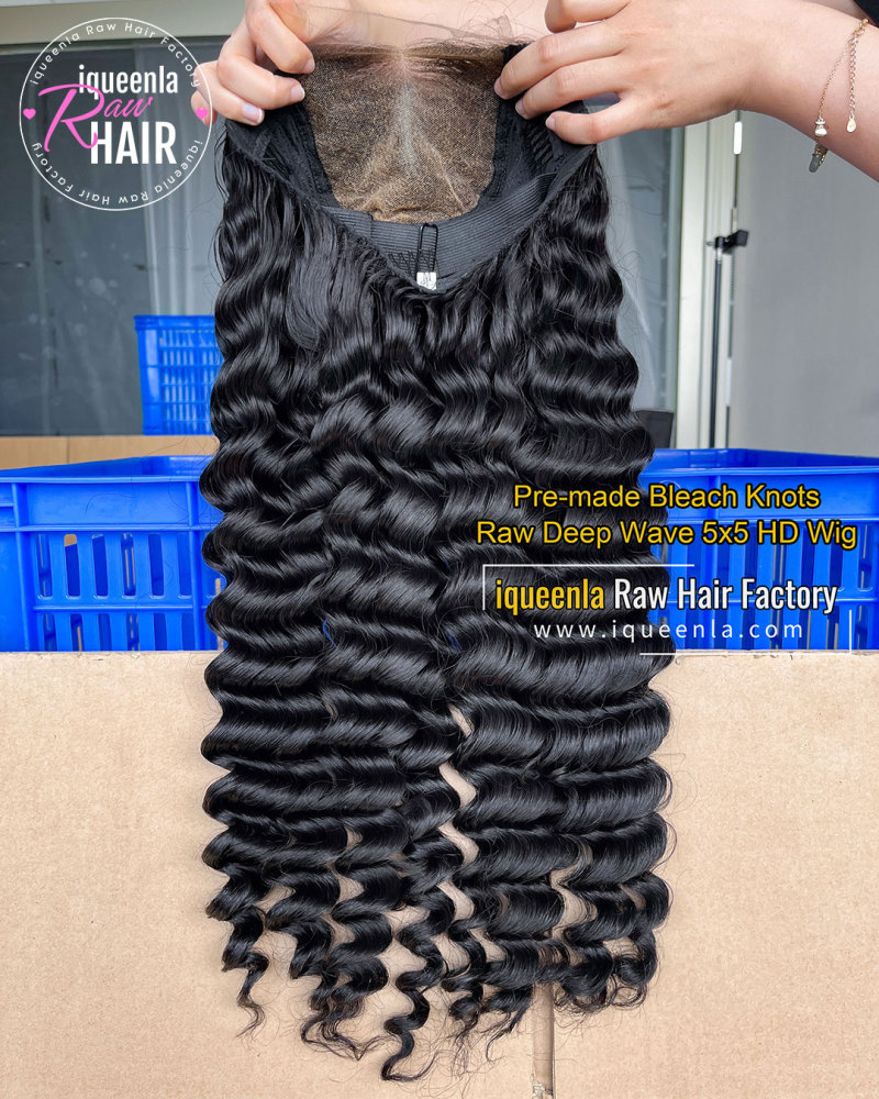 iqueenla Bleach knots with Pre-plucked Hairline Raw Deep Wave 5X5/13X4 HD Pre-made Wig 280% Density