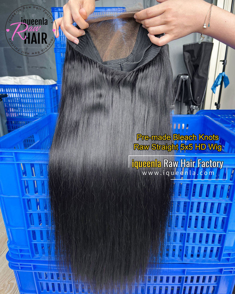 iqueenla Bleach knots with Pre-plucked Hairline Raw Straight Hair 5X5/13X4 HD Pre-made Wig 280% Density