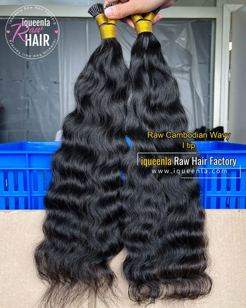 iqueenla Raw Cambodian Wavy I Tips Microlinks Hair Human Hair Extensions Natural Black