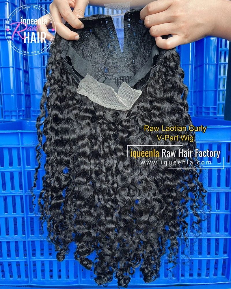 Iqueenla Raw Laotian Curly V Part Glueless Wig With Invisible Drawstrings