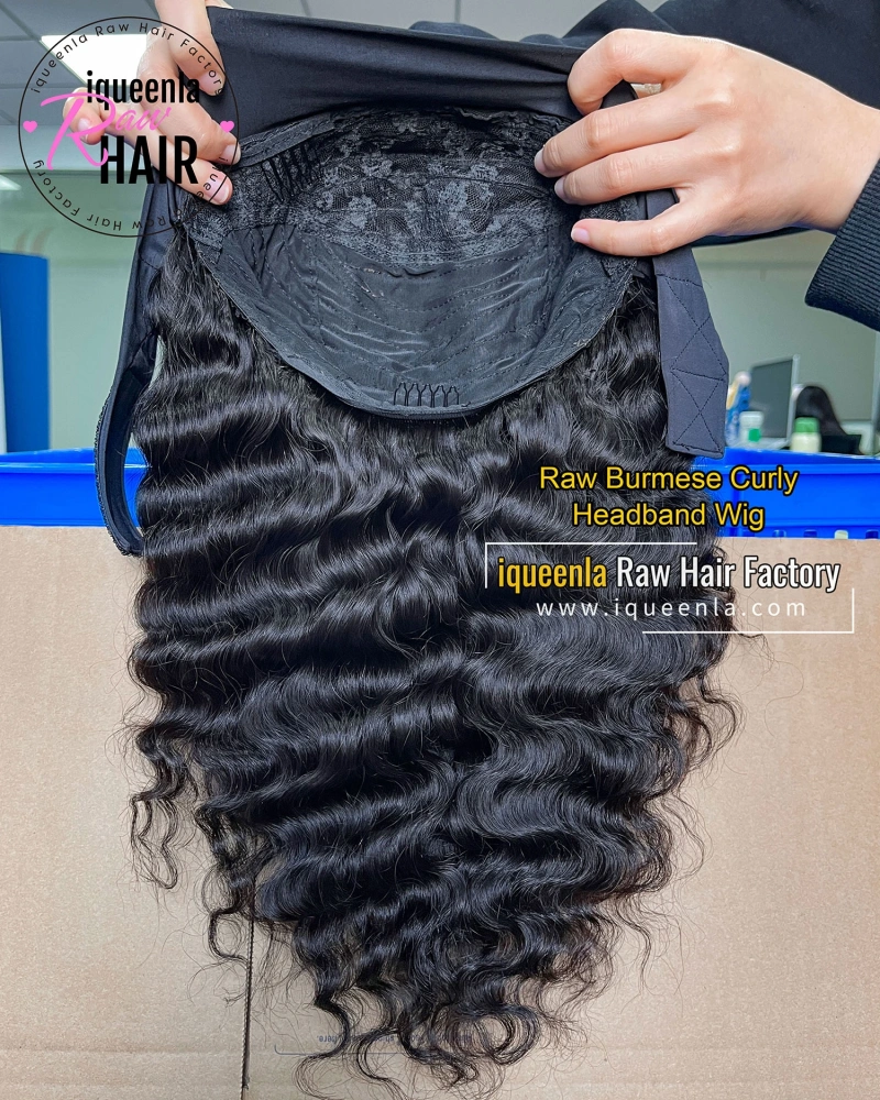 Iqueenla Burmese Curly Raw Human Hair Headband Wigs