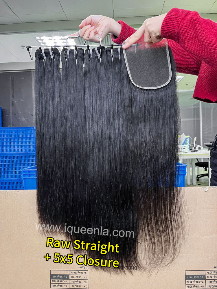 Iqueenla Raw Straight Bundles(3 PCS)​ With 5x5 HD & Transparent Lace Closure