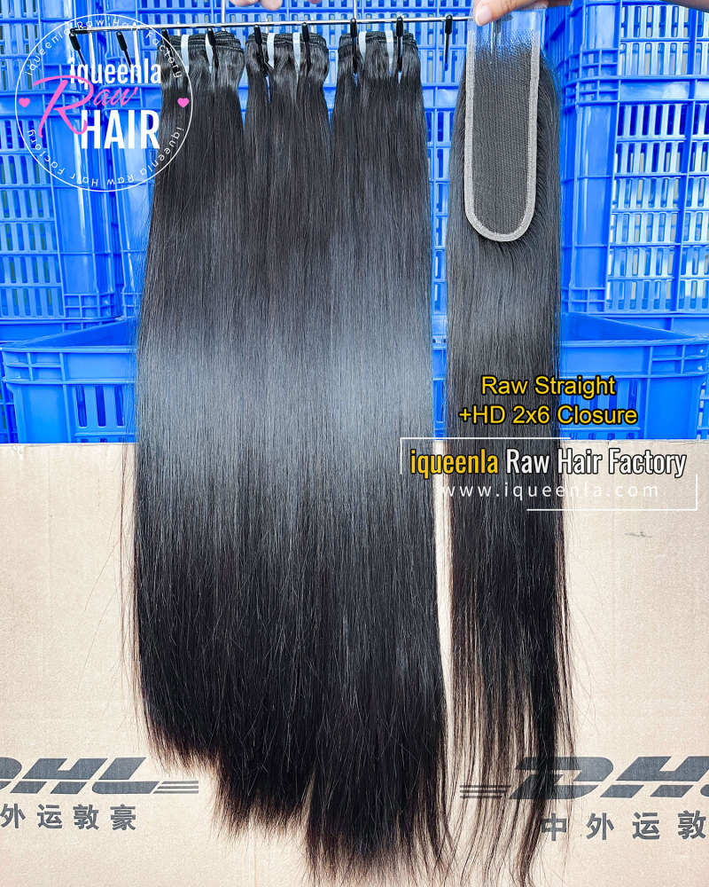 Iqueenla Raw Straight Hair 3 Bundles With 2x6 HD & Transparent Closure