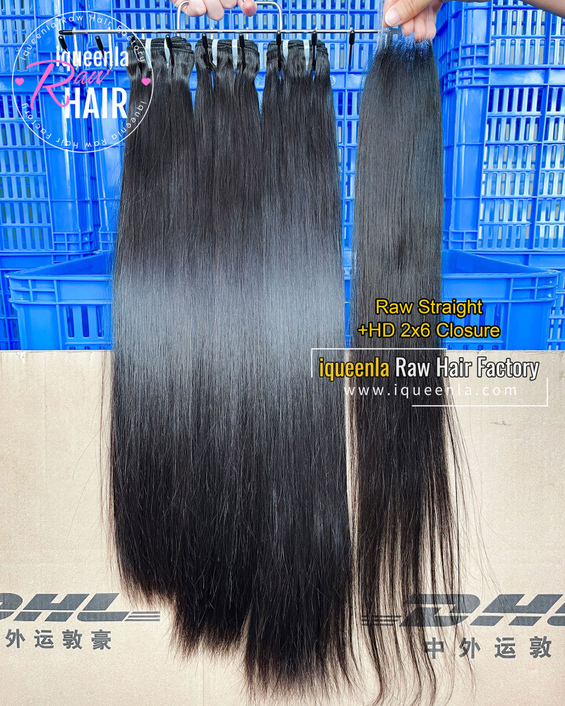 Iqueenla Raw Straight Hair 3 Bundles With 2x6 HD & Transparent Closure