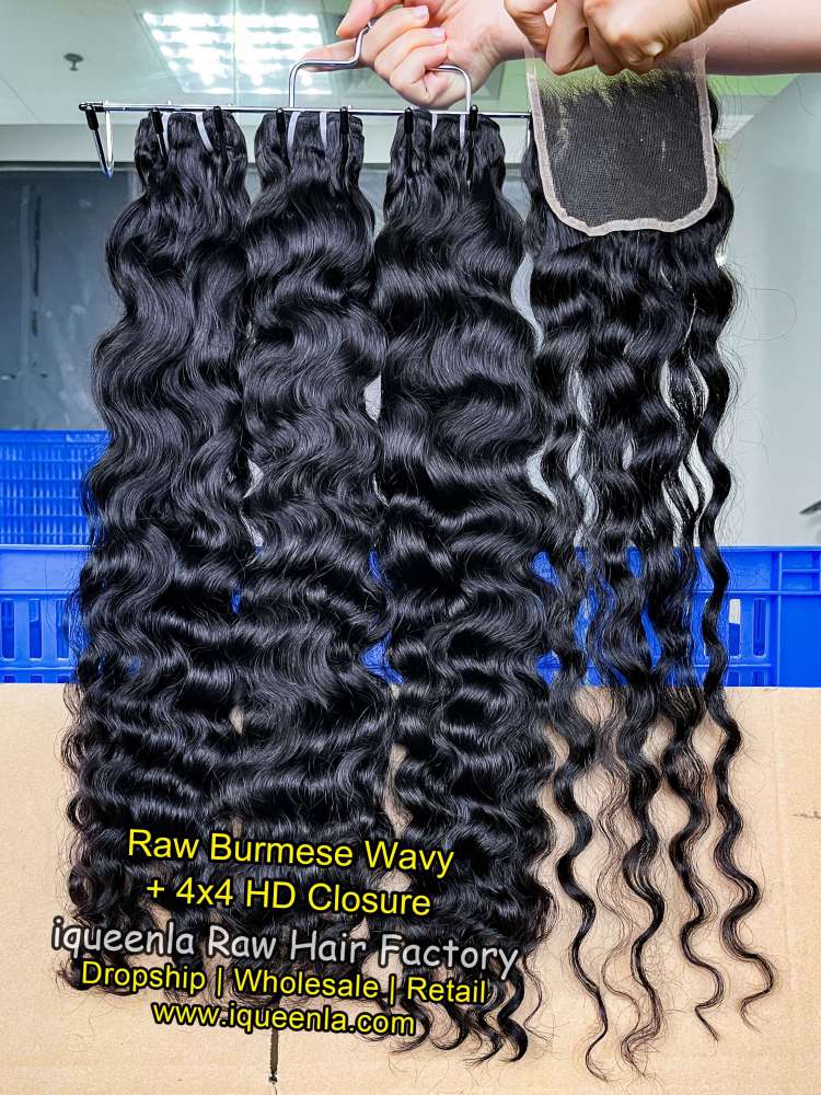 Iqueenla Raw Burmese Wavy Bundles(3 PCS) With 4x4 HD & Transparent Lace Closure