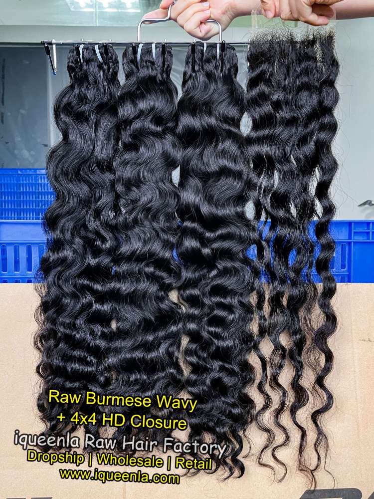 Iqueenla Raw Burmese Wavy Bundles(3 PCS) With 4x4 HD & Transparent Lace Closure