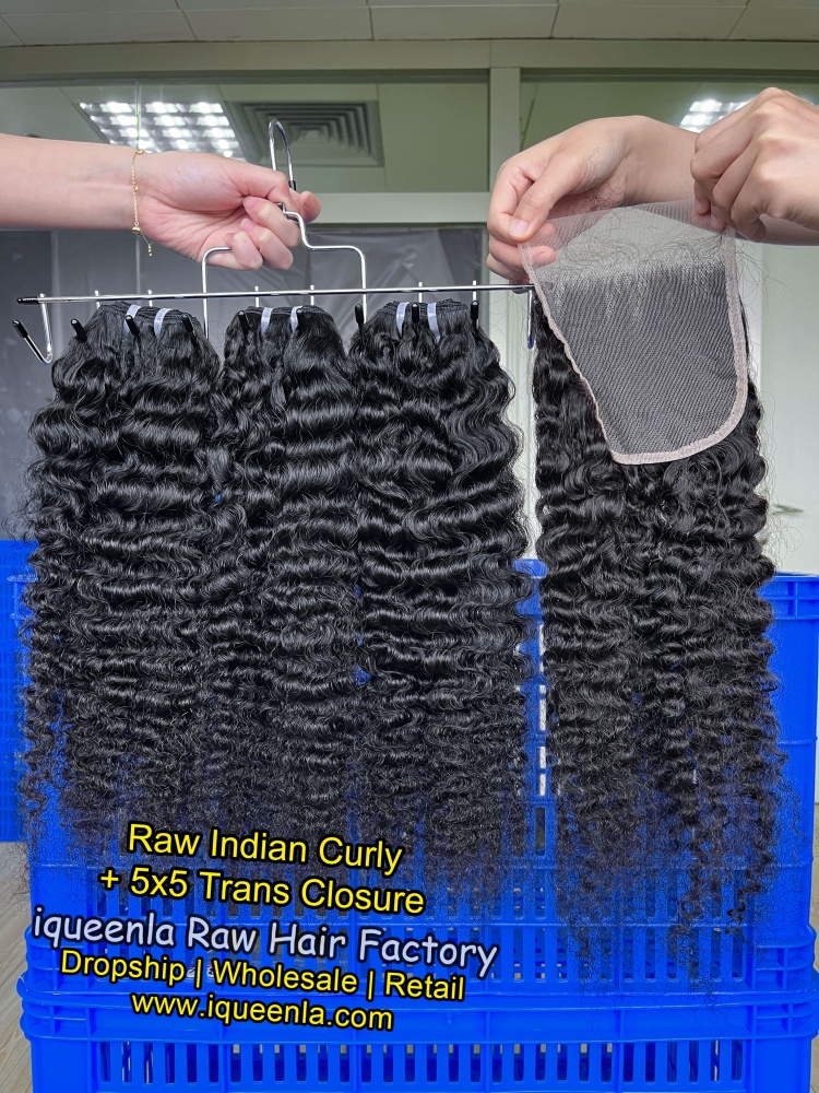 Iqueenla Indian Curly Raw Bundles(3 PCS)​ With 5x5 HD & Transparent Lace Closure