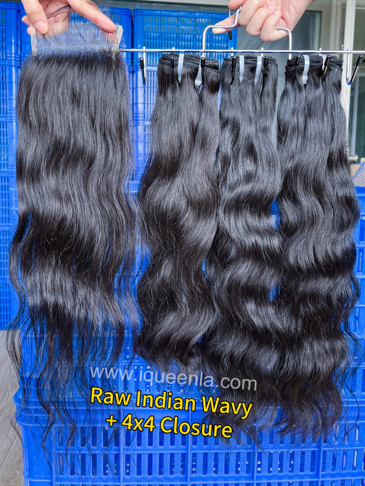 Iqueenla Raw Indian Wavy Bundles(3 PCS) With 4x4 HD & Transparent Lace Closure