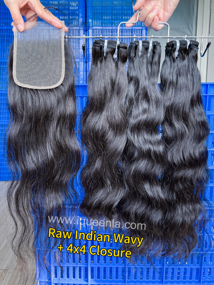 Iqueenla Raw Indian Wavy Bundles(3 PCS) With 4x4 HD & Transparent Lace Closure