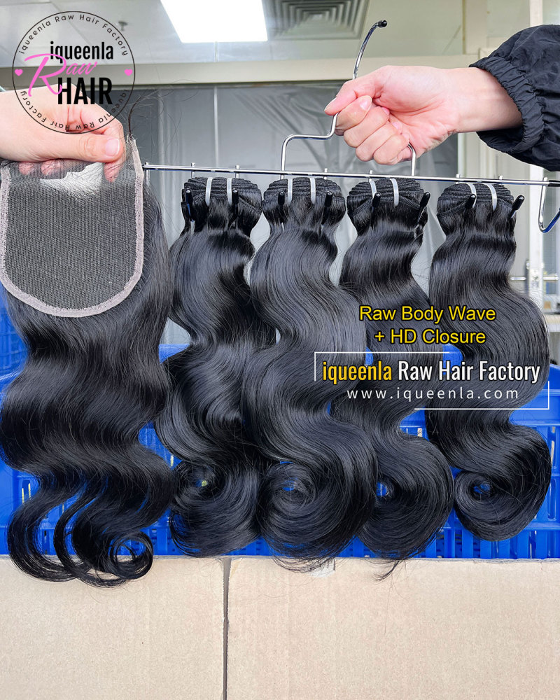 Iqueenla Raw Body Wave Bundles(3 PCS) With 4x4 HD & Transparent Lace Closure
