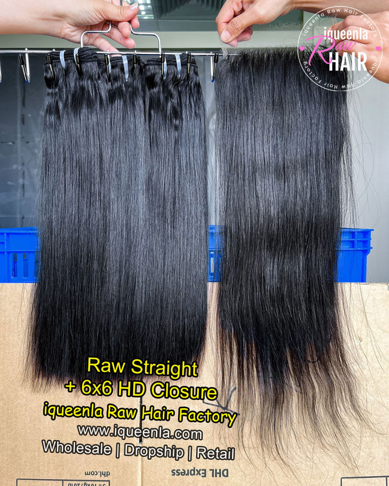 Iqueenla Raw Straight Hair​ Bundles(3 PCS) With 6x6 HD & Transparent Lace Closure