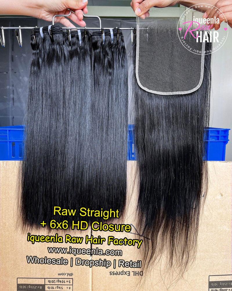 Iqueenla Raw Straight Hair​ Bundles(3 PCS) With 6x6 HD & Transparent Lace Closure