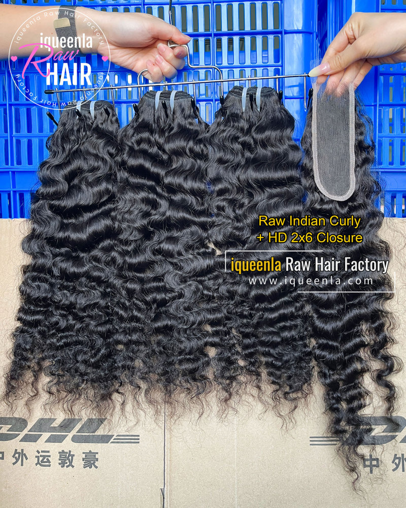 Iqueenla Indian Curly Raw Bundles(3 PCS) With 2x6 HD & Transparent Lace Closure