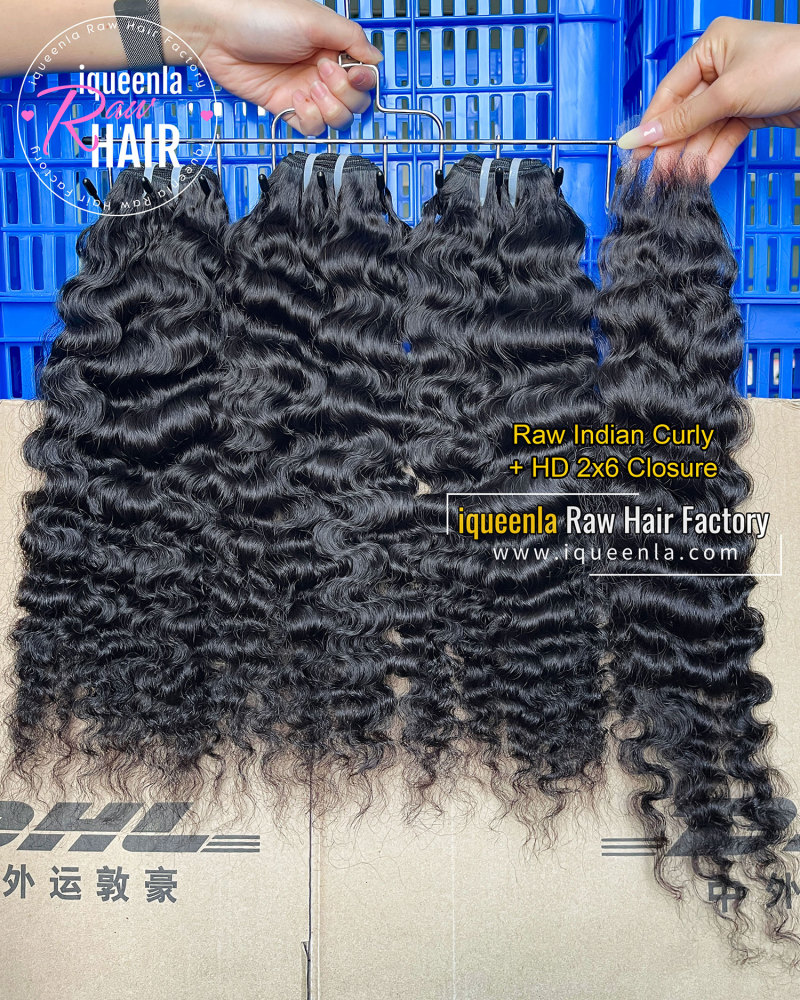 Iqueenla Indian Curly Raw Bundles(3 PCS) With 2x6 HD & Transparent Lace Closure
