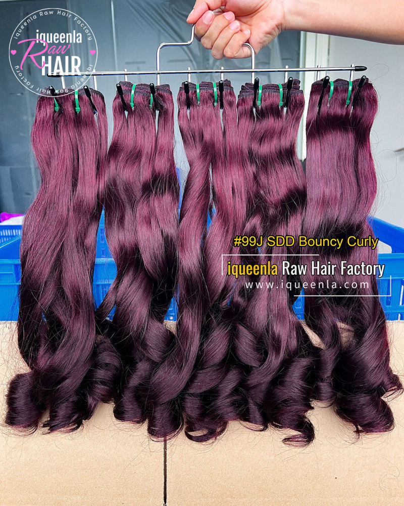 iqueenla Super Double Drawn Bouncy Curly #99J Color Hair Bundle 1/3/4 Pcs Deal