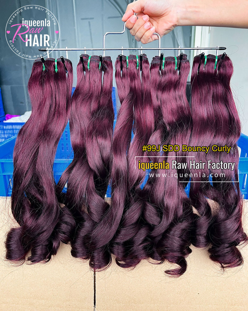 iqueenla Super Double Drawn Bouncy Curly #99J Color Hair Bundle 1/3/4 Pcs Deal