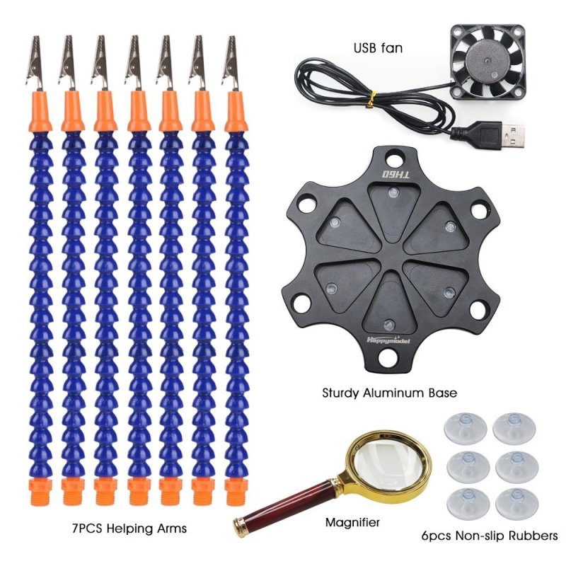 ARRIS Third Hand Soldering Station Tool with 7 Helping Hands/Magnifier/USB Fan/Aluminum Base