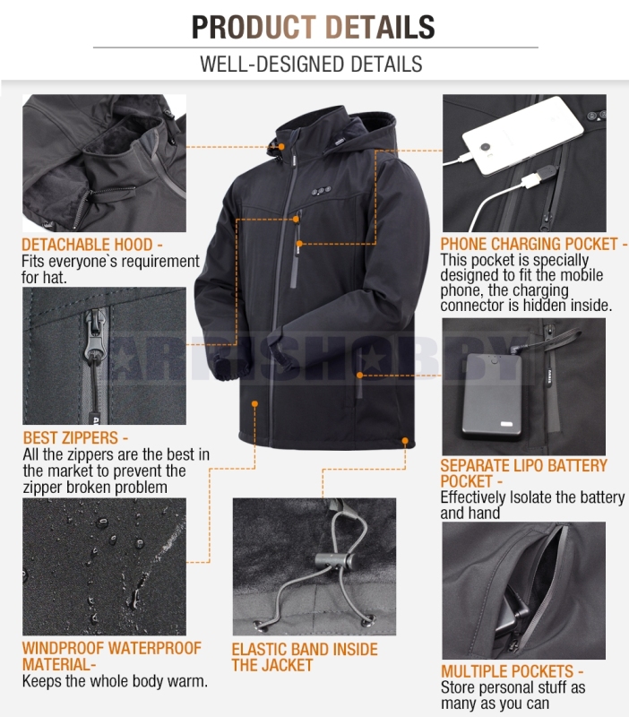 ARRIS Heated Jacket for Men, Electric Warm Heating Coat with 7.4V Rechargable Battery/8 Heating Areas/Phone Charging Port