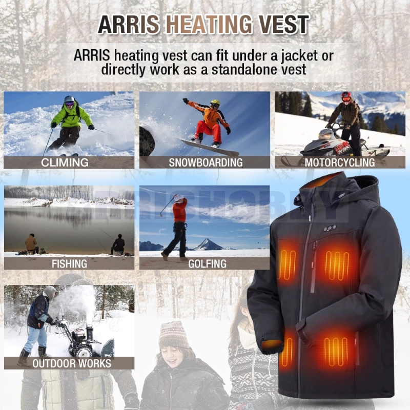 ARRIS Heated Jacket for Men, Electric Warm Heating Coat with 7.4V Rechargable Battery/8 Heating Areas/Phone Charging Port