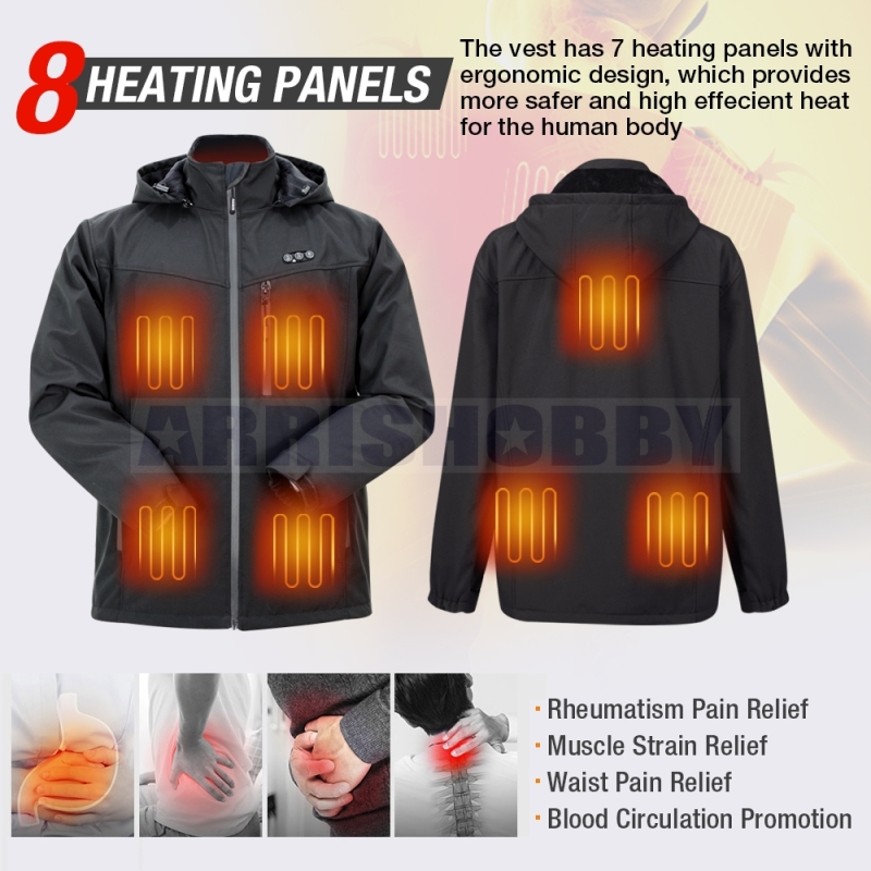 ARRIS Heated Jacket for Men, Electric Warm Heating Coat with 7.4V Rechargable Battery/8 Heating Areas/Phone Charging Port