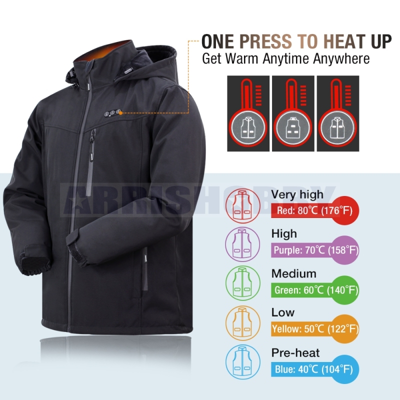 ARRIS Heated Jacket for Men, Electric Warm Heating Coat with 7.4V Rechargable Battery/8 Heating Areas/Phone Charging Port