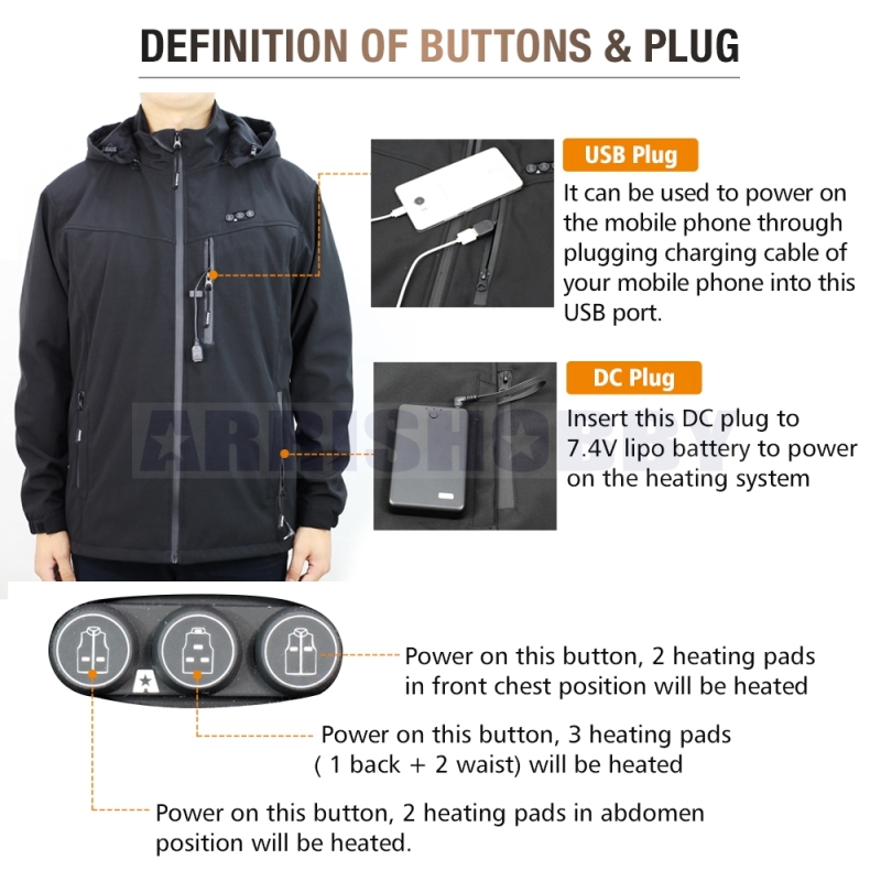 ARRIS Heated Jacket for Men, Electric Warm Heating Coat with 7.4V Rechargable Battery/8 Heating Areas/Phone Charging Port