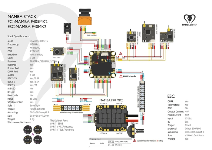 Diatone Mamba F405 MK2 3-6S Betaflight F4 Flight Controller 40A 4in1 ESC OSD Tower