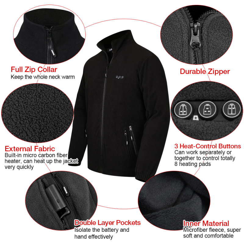 ARRIS Fleece Heated Jacket for Men, Electric Warm Heating Coat with 7.4V Rechargable Battery/8 Heating Areas/Phone Charging Port