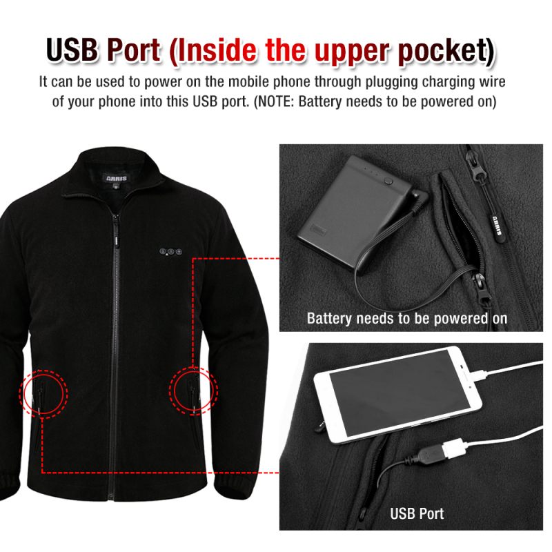 ARRIS Fleece Heated Jacket for Men, Electric Warm Heating Coat with 7.4V Rechargable Battery/8 Heating Areas/Phone Charging Port