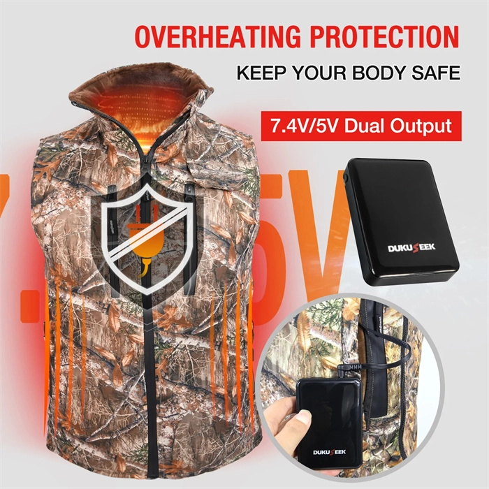 DUKUSEEK 7.4V Electric Heated Vest with Battery Pack 7 Heating Panels Size Adjustable for Hunting Hiking and Etc