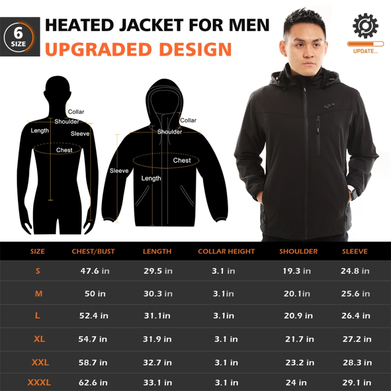 ARRIS Heated Jacket for Men, Electric Warm Heating Coat with 7.4V Rechargable Battery/8 Heating Areas/Phone Charging Port