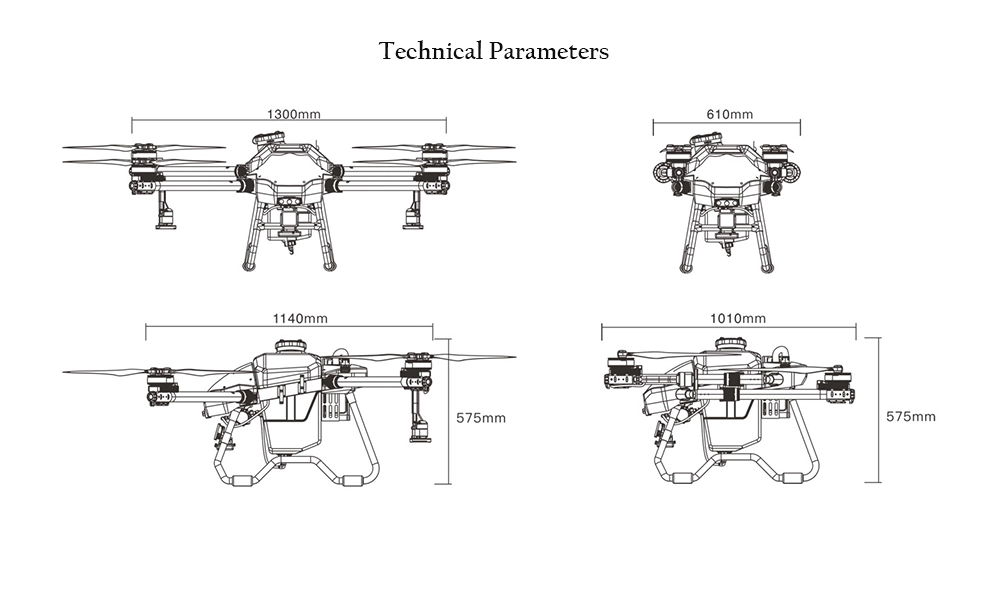 JIS NV16 16L Agriculture Drone, Technical Parameters 300mm Omm 1140mm 101Omm 570mm 575