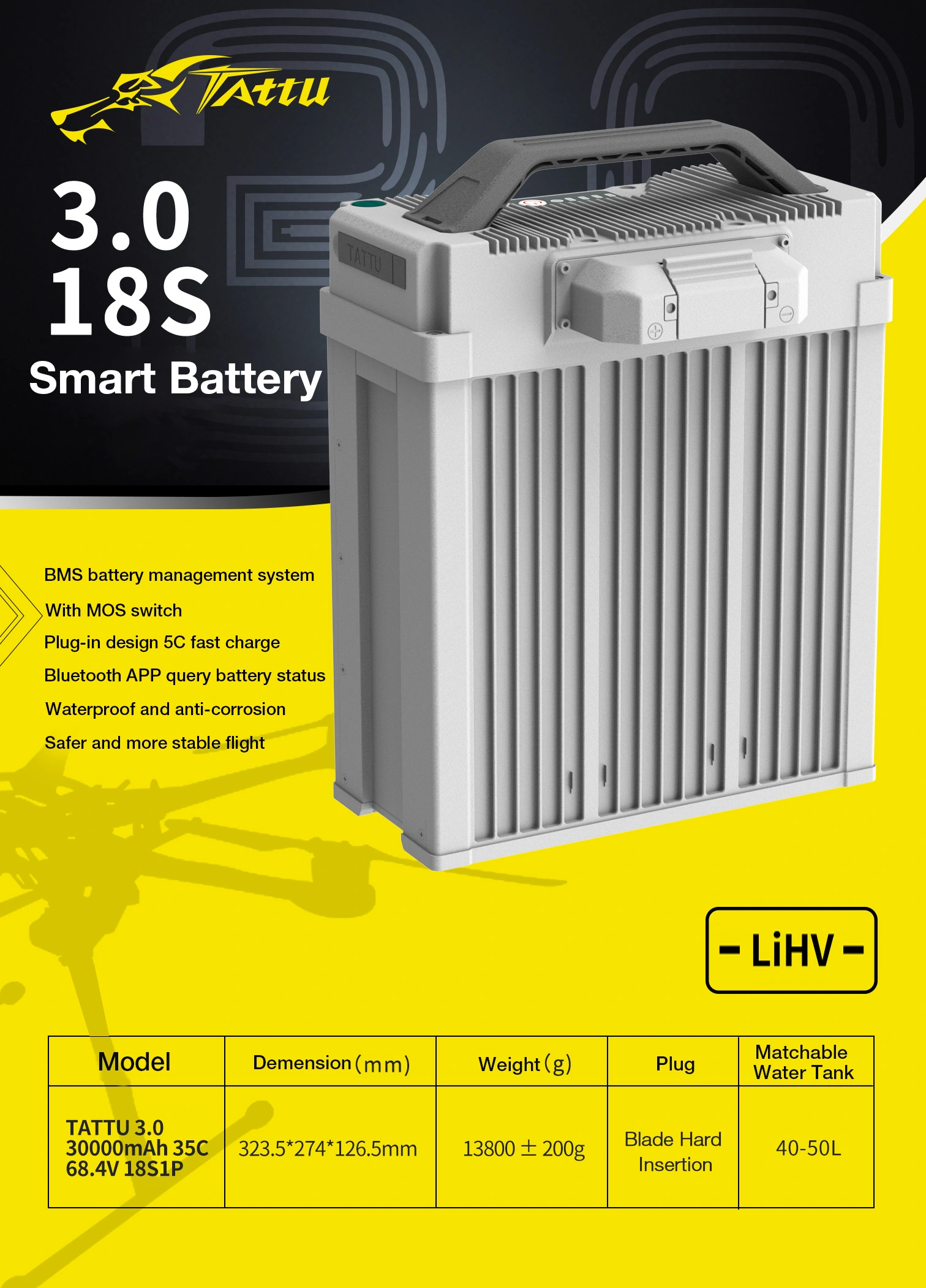 TATTU 3.0 18S HV 68.4V 30000mAh 35C Smart Battery, The TATTU 3.0 18S Smart Battery features a BMS with fast charging and Bluetooth APP for querying status, ensuring safer flight.