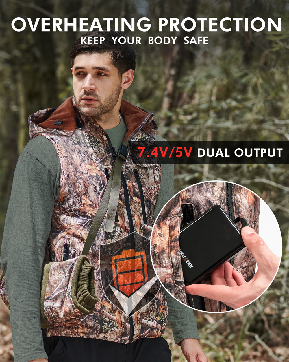ARRIS Camo Heated Vest with Detachable Hood 7500mAh Rechargable Battery Warm Vest