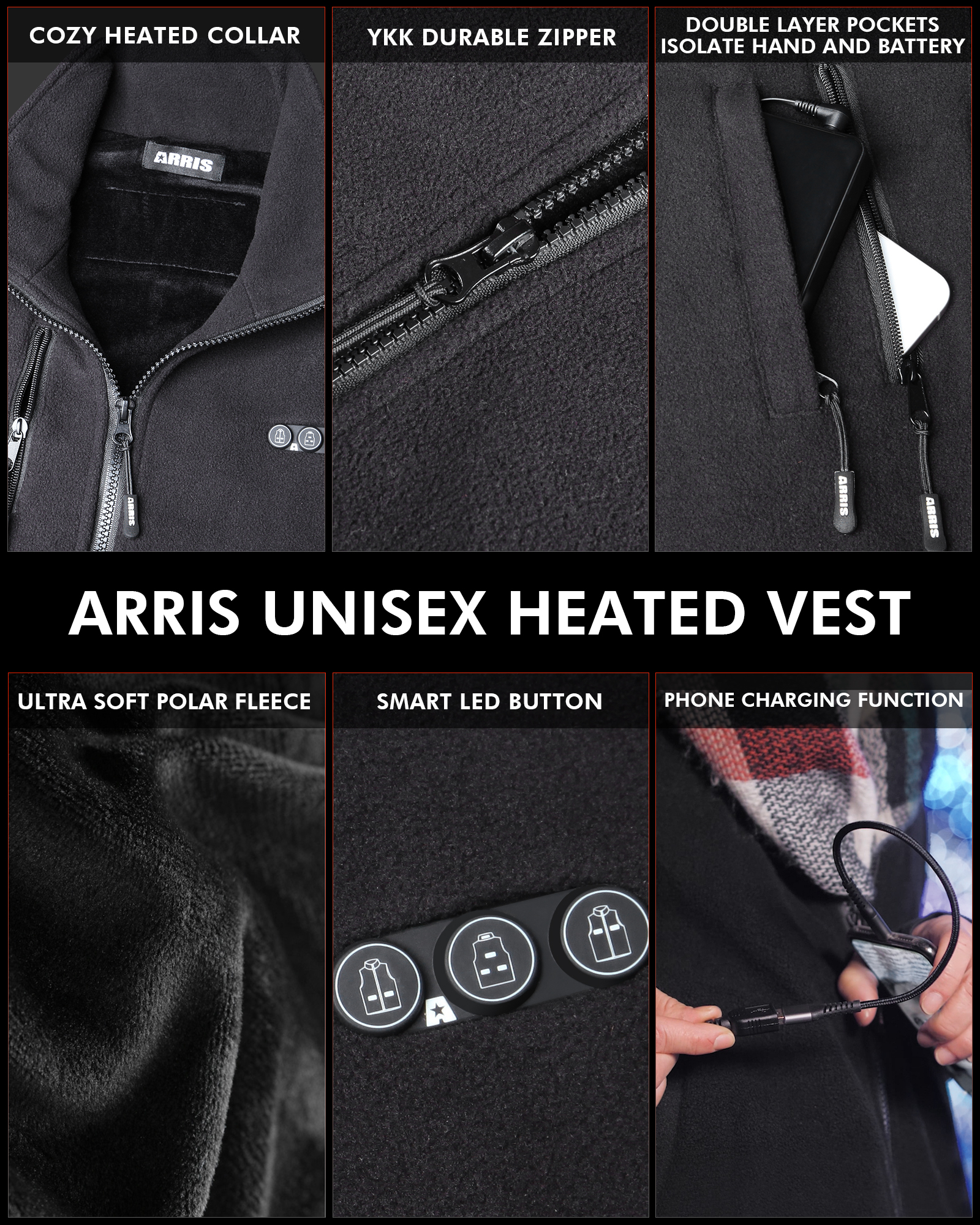 ARRIS Fleece Heated Vest for Men - 7.4V Rechargeable, Size-Adjustable, and Health-Boosting