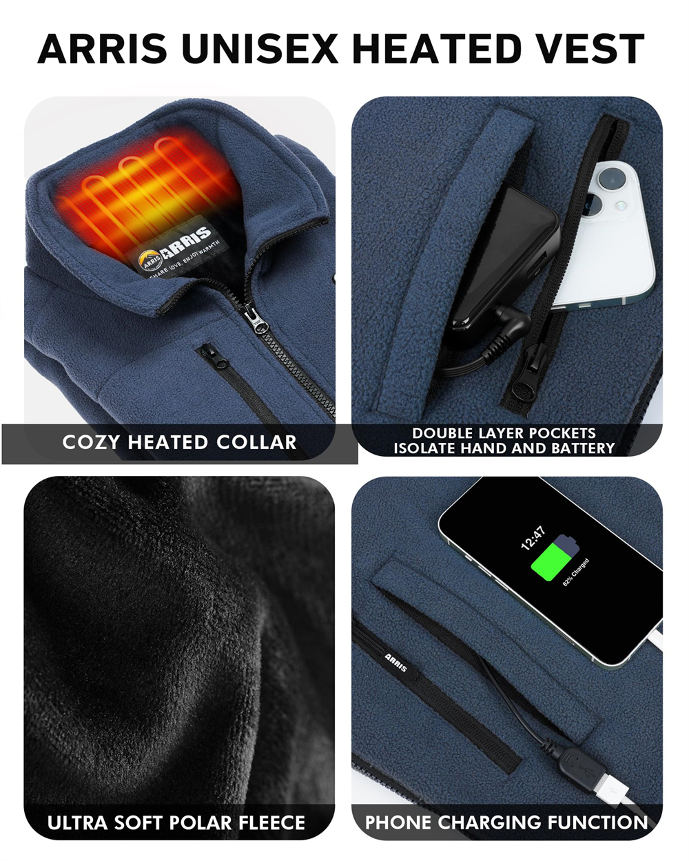 ARRIS Fleece Heated Vest For Women 7.4V Electric Warm Vest With 7500mah Battery Pack Size Adjustable