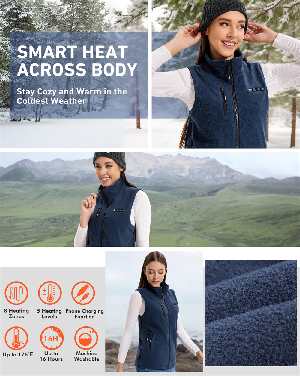 ARRIS Fleece Heated Vest For Women 7.4V Electric Warm Vest With 7500mah Battery Pack Size Adjustable