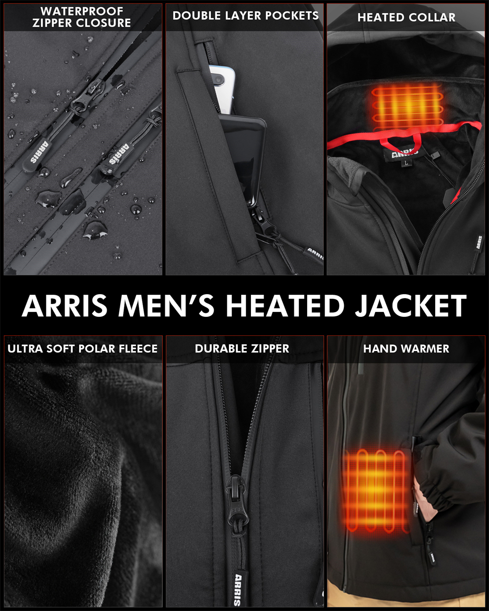ARRIS Heated Jacket for Men, Electric Warm Heating Coat with 7.4V Rechargable Battery/8 Heating Areas/Phone Charging Port