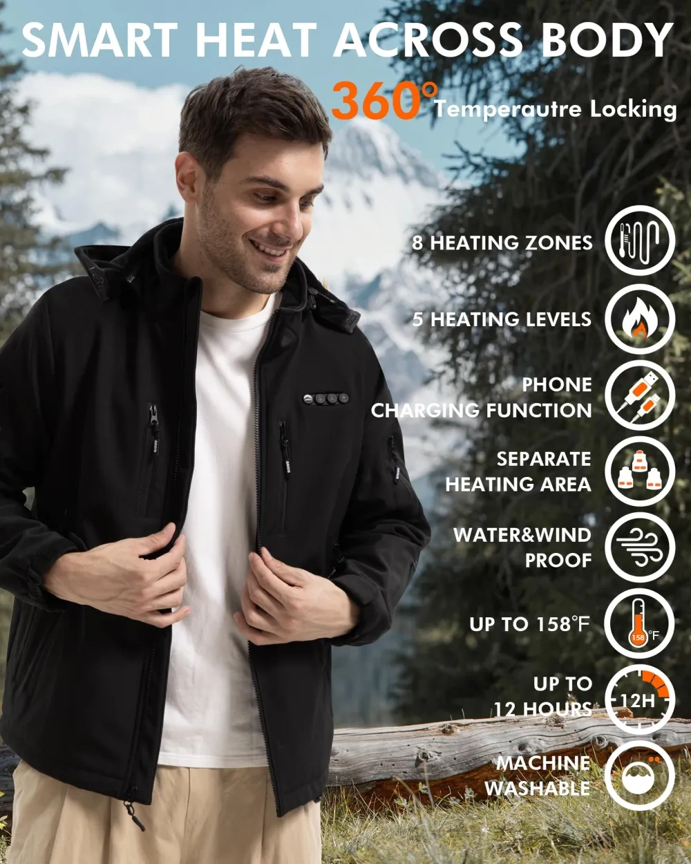 NEW ARRIS 12V Graphene-Enhanced Heated Jacket for Men, Electric Heating Coat 8 Heating Areas with Rechargeable Battery