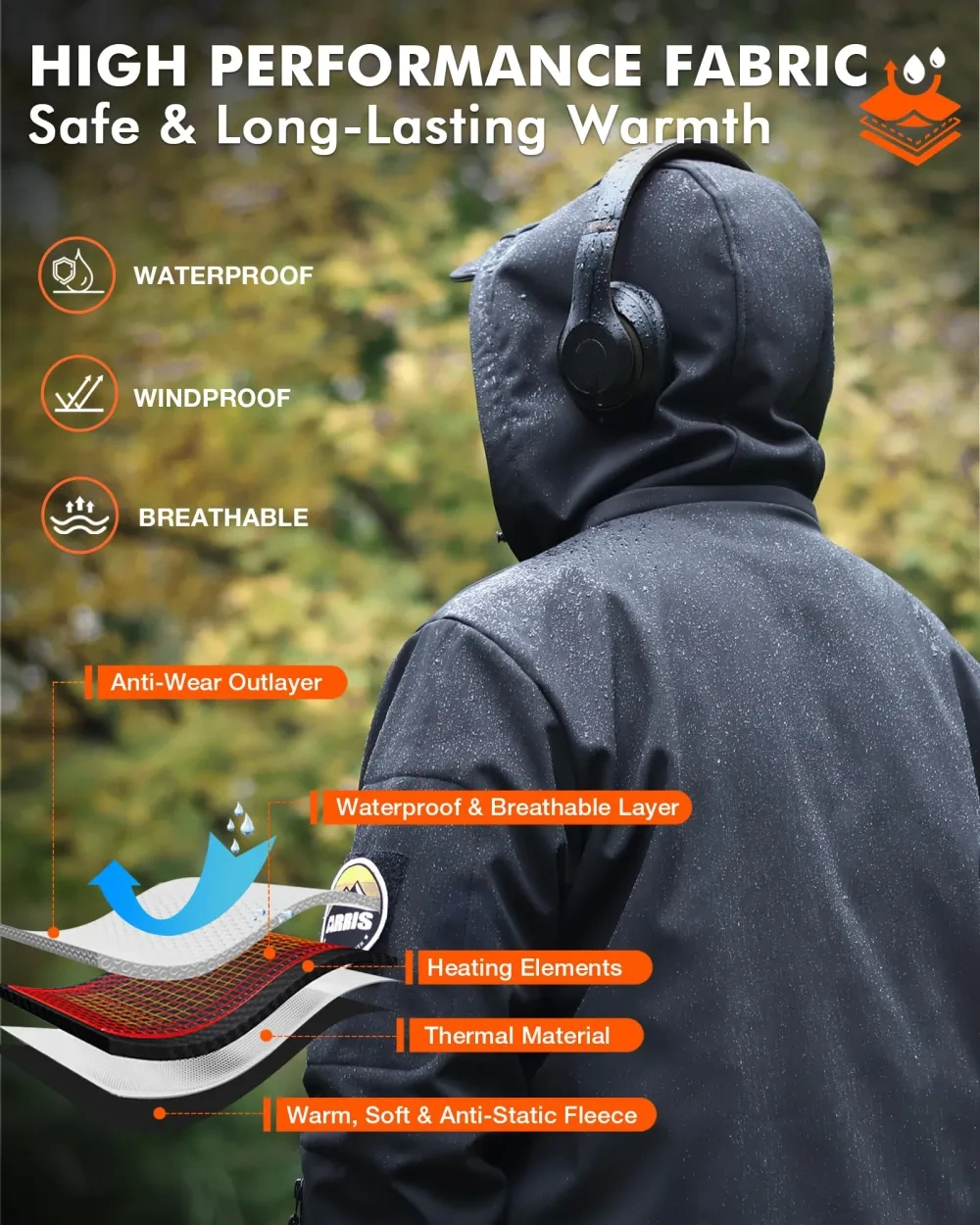 NEW ARRIS 12V Graphene-Enhanced Heated Jacket for Men, Electric Heating Coat 8 Heating Areas with Rechargeable Battery