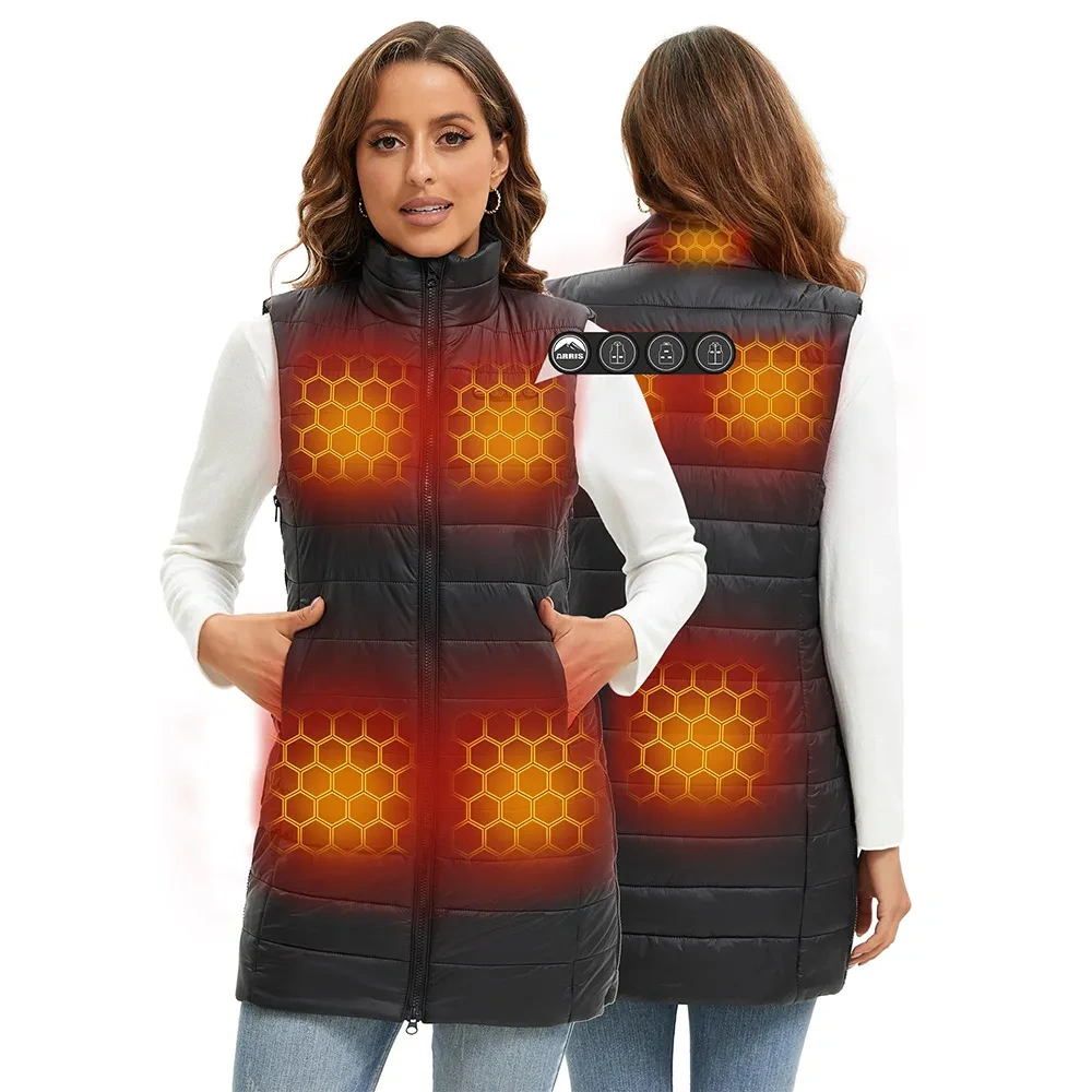 ARRIS Women`s Long Graphene Heated Vest 8 Heat Zones Size Adjustable Adjustable Long Length Puffer Heating Vest with 7.4V Battery Pack