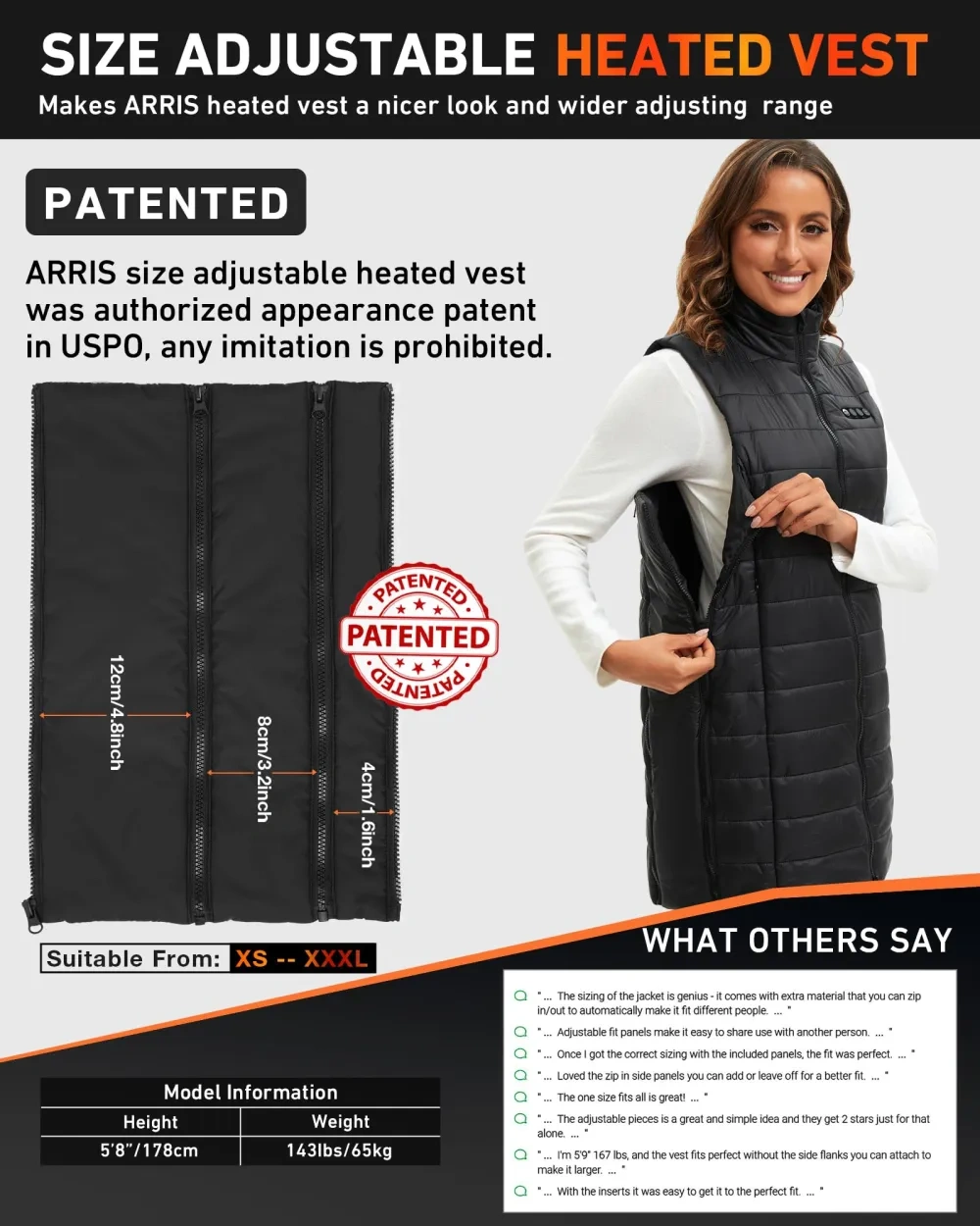 ARRIS Women`s Long Graphene Heated Vest 8 Heat Zones Size Adjustable Adjustable Long Length Puffer Heating Vest with 7.4V Battery Pack