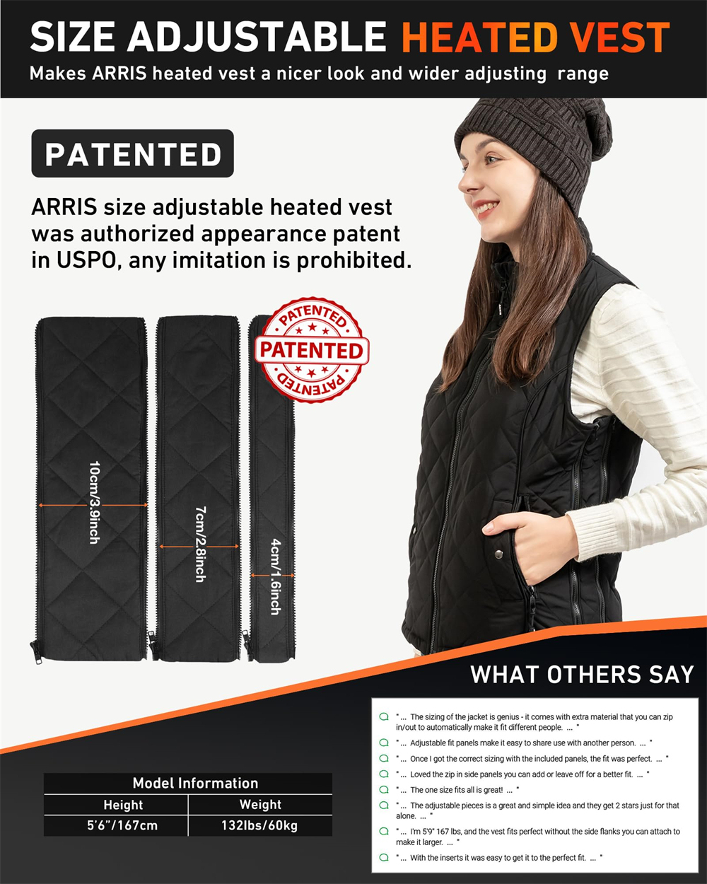 ARRIS Heated Vest for Women, Size Adjustable 7.4V Electric Warm Vest 8 Heating Panels with Battery Pack