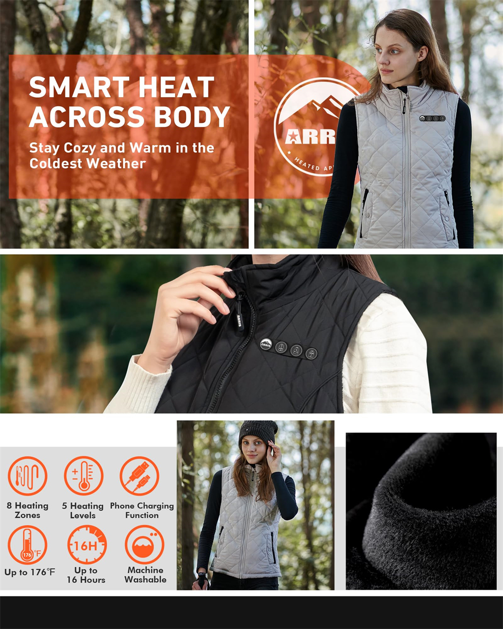 ARRIS Heated Vest for Women, Size Adjustable 7.4V Electric Warm Vest 8 Heating Panels with Battery Pack