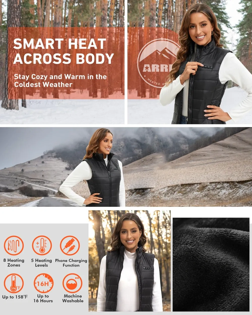 ARRIS Women`s Long Graphene Heated Vest 8 Heat Zones Size Adjustable Adjustable Long Length Puffer Heating Vest with 7.4V Battery Pack